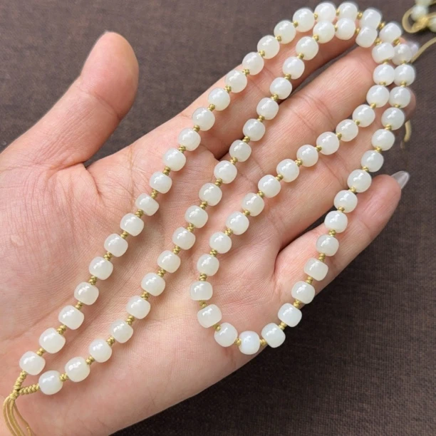 天然和田玉青白老型珠7mm项链珠链男女款玉石挂件绳保真