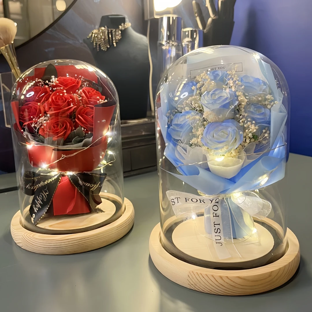 永生花送女朋友礼物生日礼物高级感礼物碎冰蓝仿真花玫瑰花束成品