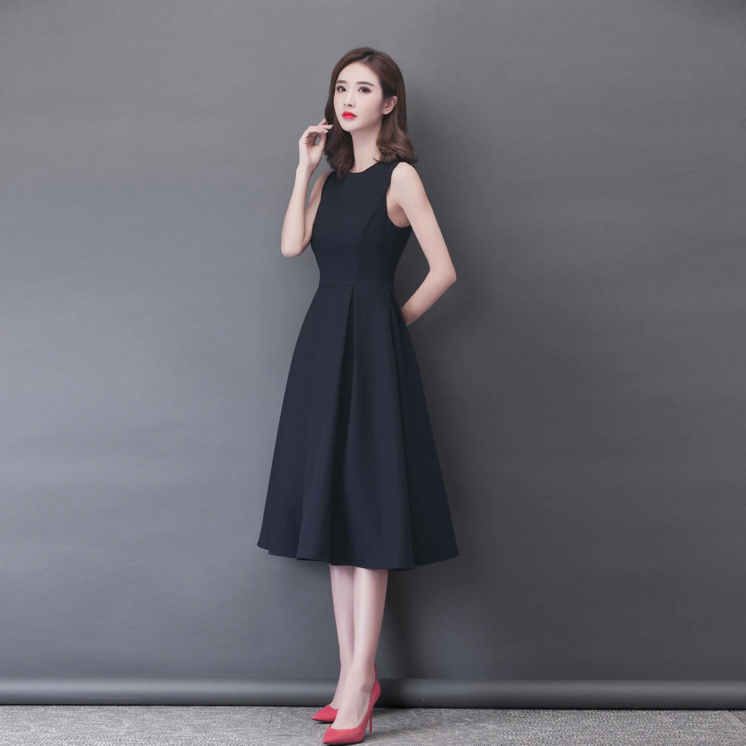 807#优雅气质黑色连衣裙赫本风裙子A字裙显瘦法式修身春夏小黑裙