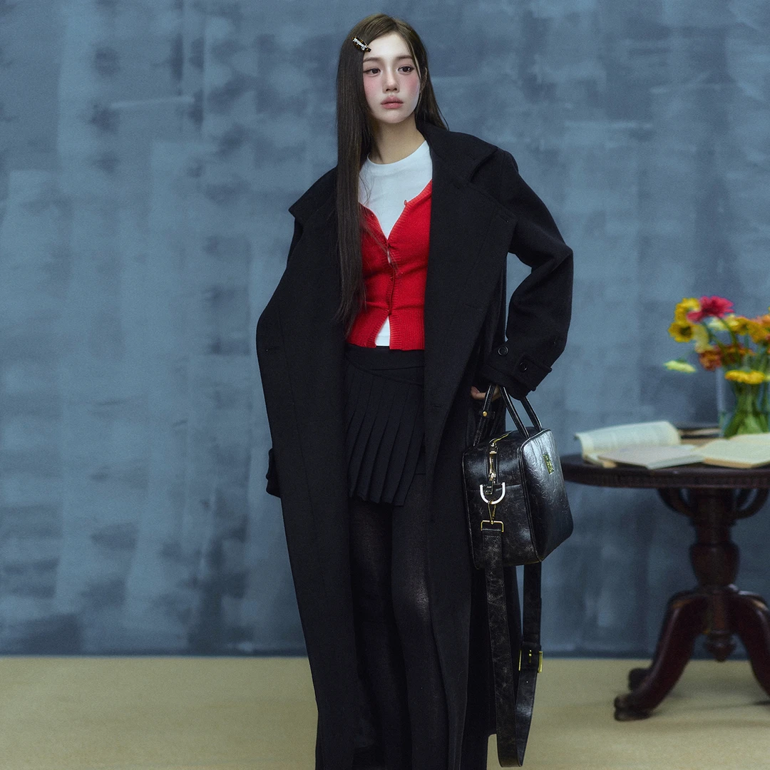 【LaluneDuCiel】LLDC 毛呢大翻领长款偏门襟呢大衣