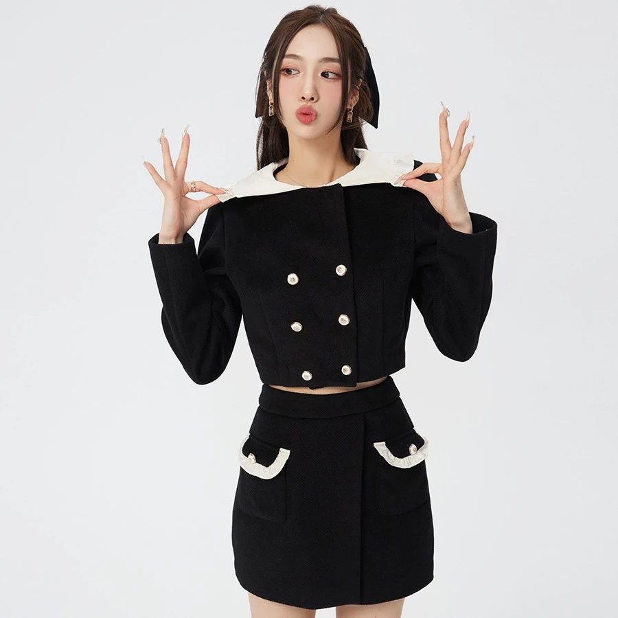 【LaluneDuCiel】LLDC 娃娃领双排扣毛呢短款外套+短裙两件套装女