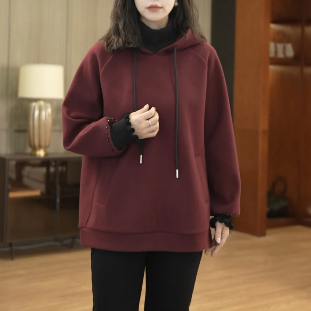 【衣品乐设计款】宽松假两件钉珠连帽卫衣女百搭时尚秋冬DUB8681