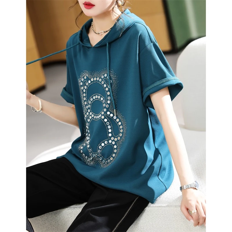 【衣品乐设计款】欧洲站大码卡通连帽烫钻短袖T恤女夏季DUA6669