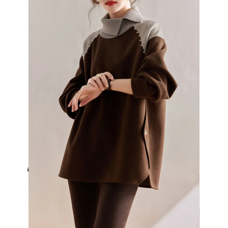 拼接假两件呢子卫衣女秋冬加厚新款宽松时尚洋气显瘦上衣B8585