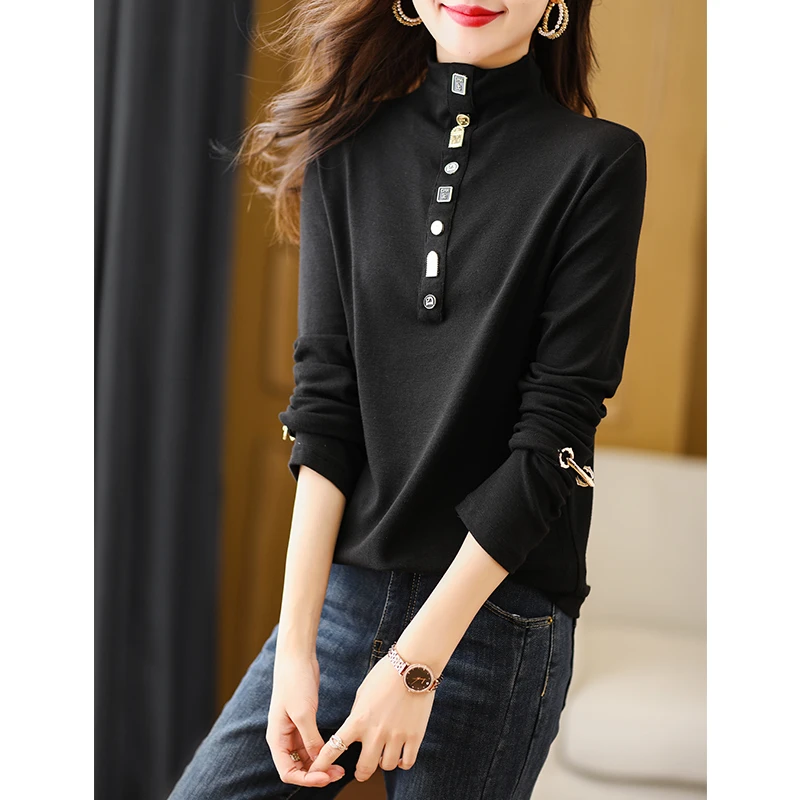 【衣品乐原创】 欧洲站大码气质金属装饰长袖T恤打底衫女DUA9834