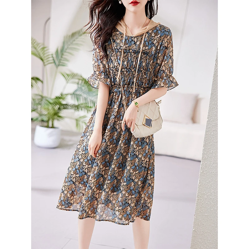 连帽假两件雪纺连衣裙女夏新款宽松大码气质显瘦a字裙子B4984