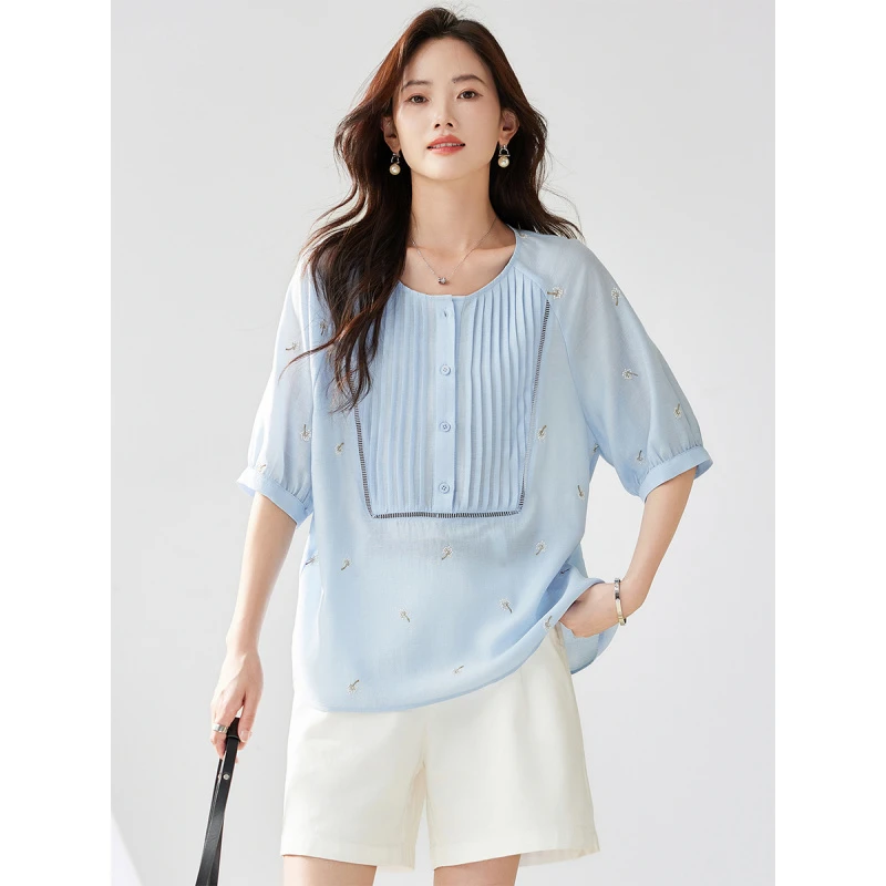 法式压褶刺绣短袖衬衫女夏新款宽松大码小衫洋气显瘦上衣TC3087