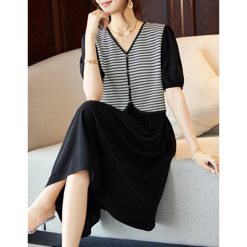 衣品乐原创宽松大码夏季新款V领假两件雪纺连衣裙女B5559