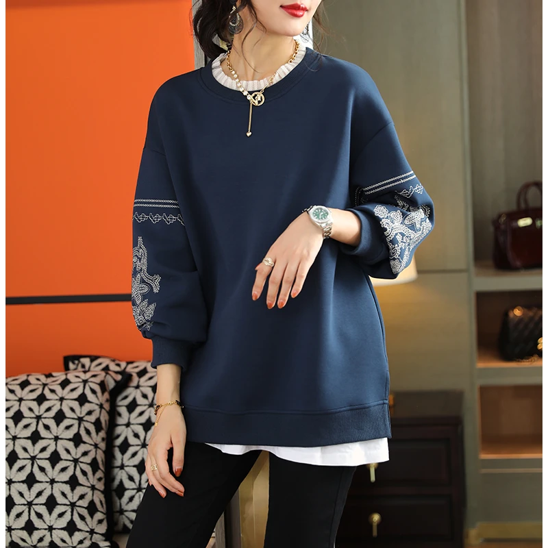 【衣品乐设计师款】欧洲站大码网纱拼接刺绣套头卫衣女A8610