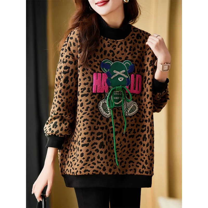衣品乐原创宽松大码冬季新款洋气时尚豹纹圆领卫衣B2399