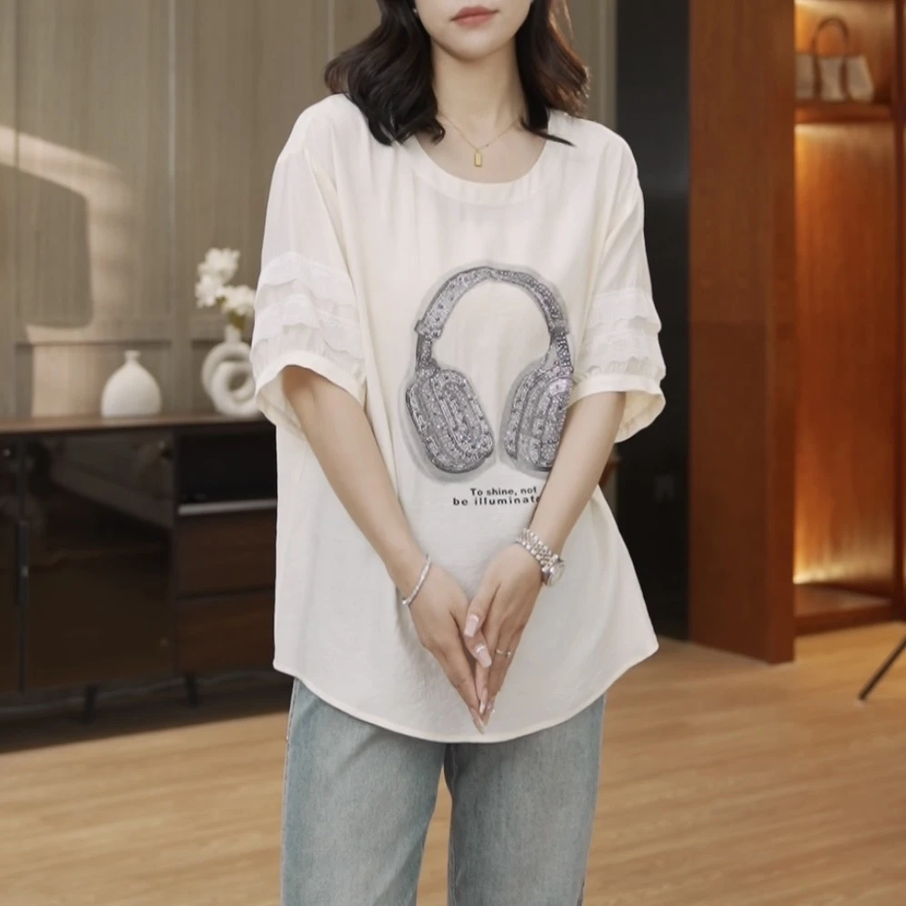 【衣品乐设计款】宽松显瘦重工烫钻印花T恤女夏季百搭上衣DUC2353