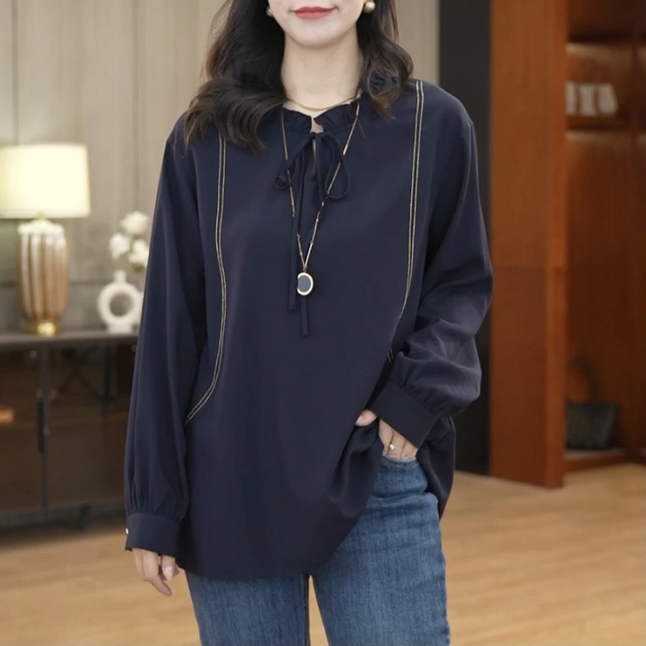 【衣品乐设计款】欧洲站大码木耳边系带长袖衬衫女春季DUB4267