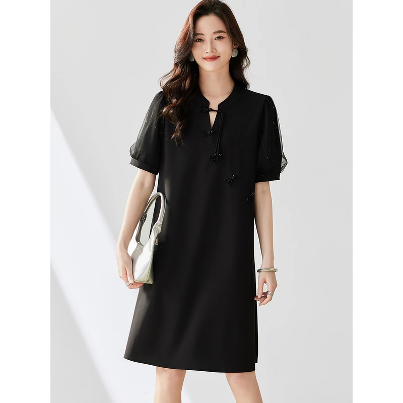 黑色新中式盘扣连衣裙女夏新款宽松大码气质休闲直筒裙子TC2564