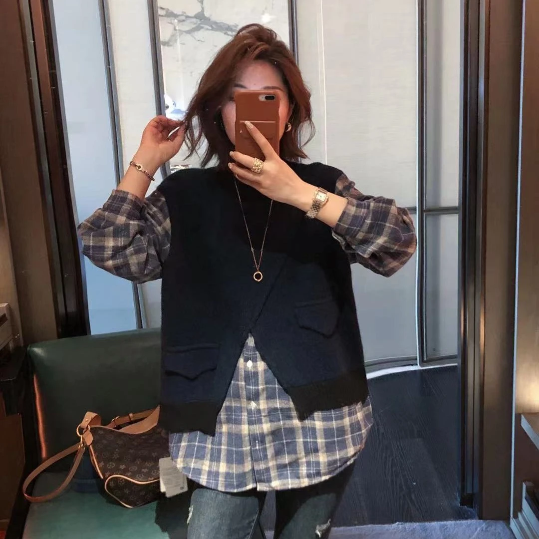 【衣品乐】欧洲站大码女装早秋新款格子拼接设计套头针织DUA4579