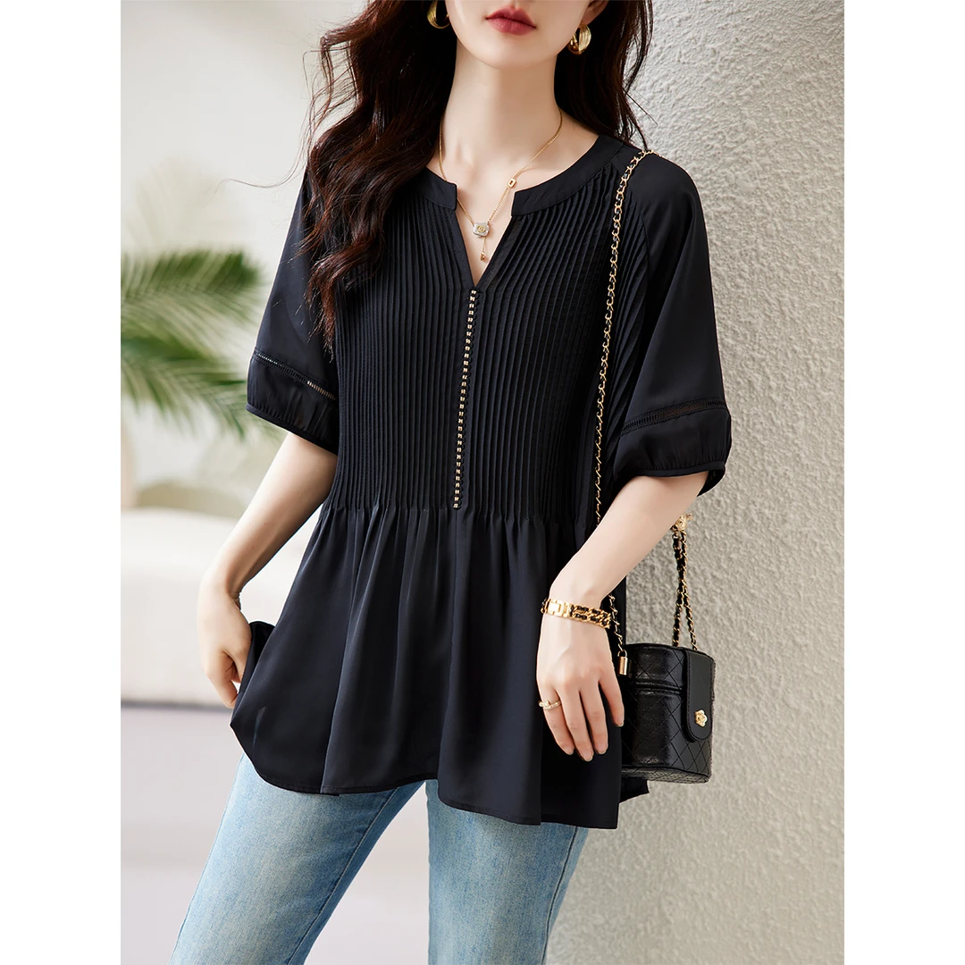 黑色V领雪纺衬衫女夏宽松洋气小衫大码胖mm遮肚显瘦上衣B5942