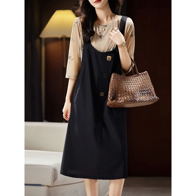 衣品乐原创宽松大码夏季新款女装洋气混纺背带裙套装B4134