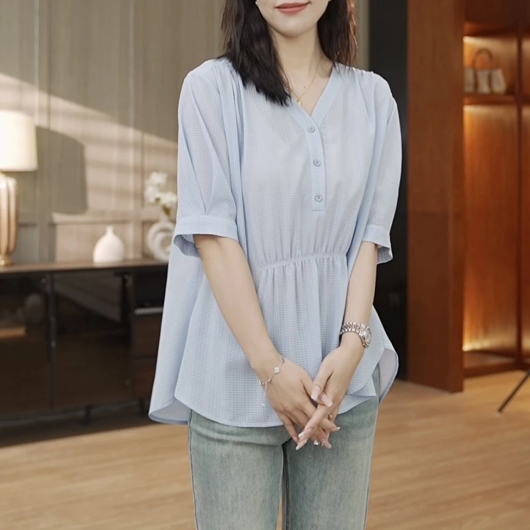 【衣品乐设计款】气质宽松显瘦收腰V领衬衫女夏百搭法式衬衣DUC2722