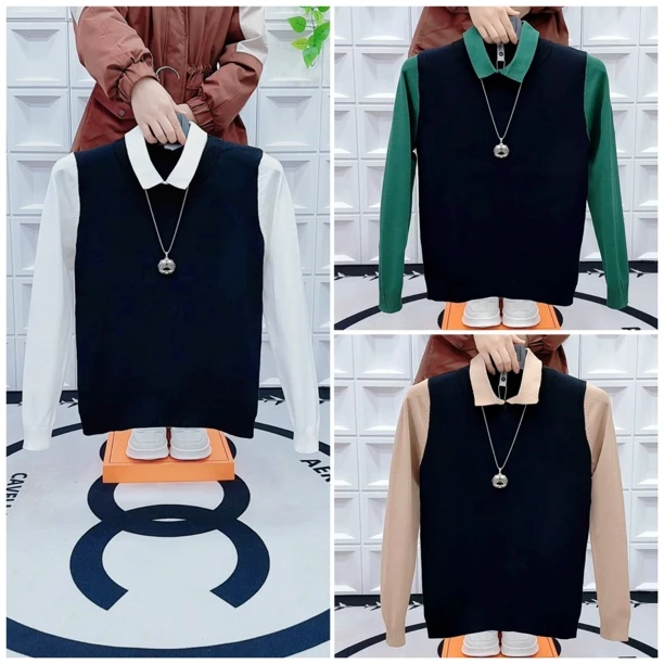 假两件针织衫男士秋冬款翻领毛衣潮流修身内搭打底衫