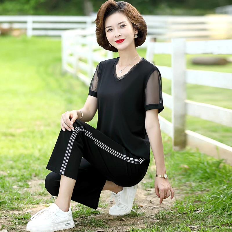 夏季中老年妈妈短袖v领蕾丝网纱上衣女休闲运动衣服中年两件套装
