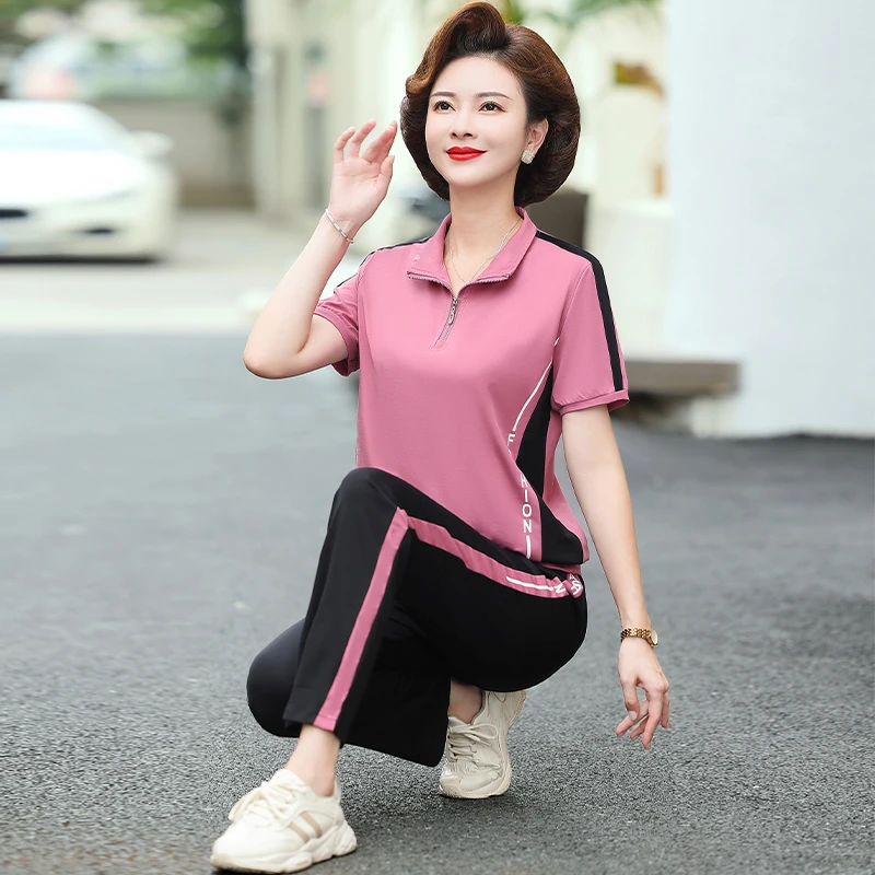 中老年妈妈夏装短袖t恤中年运动服套装女夏季立领上衣时尚两件套