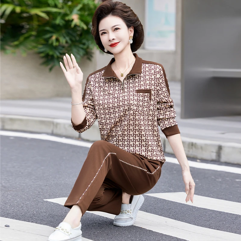 中老年妈妈长袖休闲运动服套装女时尚洋气卫衣上衣秋季中年两件套