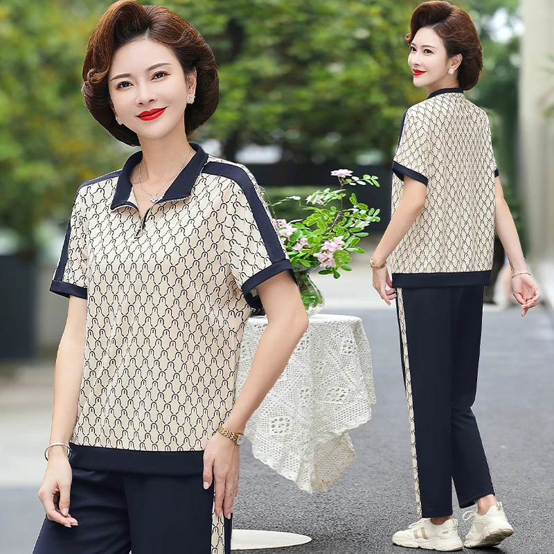 妈妈时尚休闲运动服女2025夏季新款中年短袖上衣两件套装薄