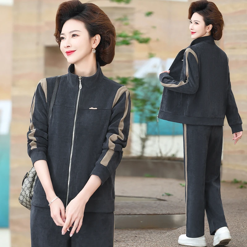 中老年妈妈时尚休闲运动服套装女2025春秋装新款外套中年两三件套