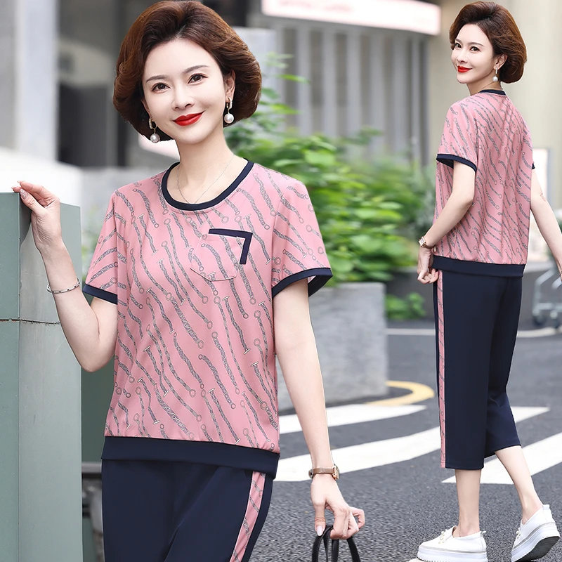 妈妈时尚洋气短袖冰丝T恤上衣女夏天中年运动服套装气质两件套