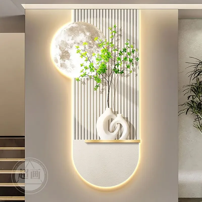 现代轻奢玄关装饰画壁灯绿植高级感走廊过道挂画高档艺术发光挂画