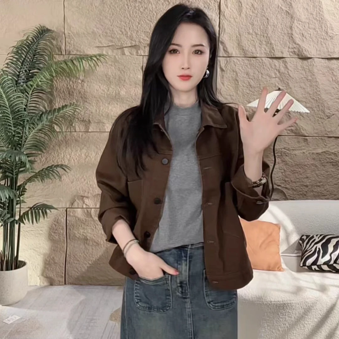 加棉春款时尚牛仔外套上衣女外套显瘦大口袋女外套气质深色牛仔