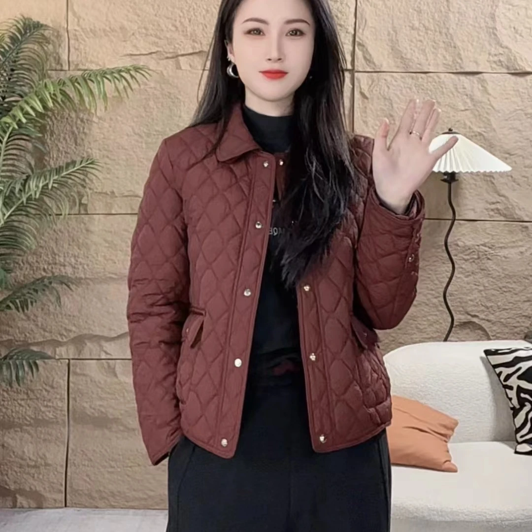 秋冬款百搭时尚保暖口袋上衣女显瘦打格菱格女士休闲气质外套