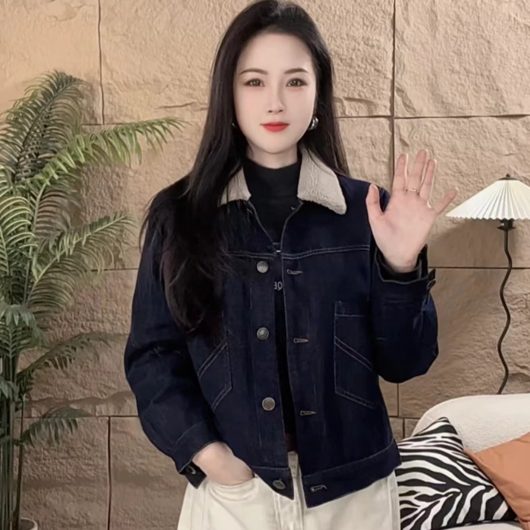 冬款加绒加厚牛仔外套毛领粒粒绒显瘦大口袋上衣女外套气质牛仔