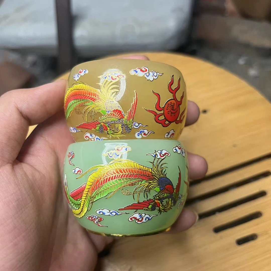 手工茶器  天青绿+琥珀黄 龙凤琉璃对杯