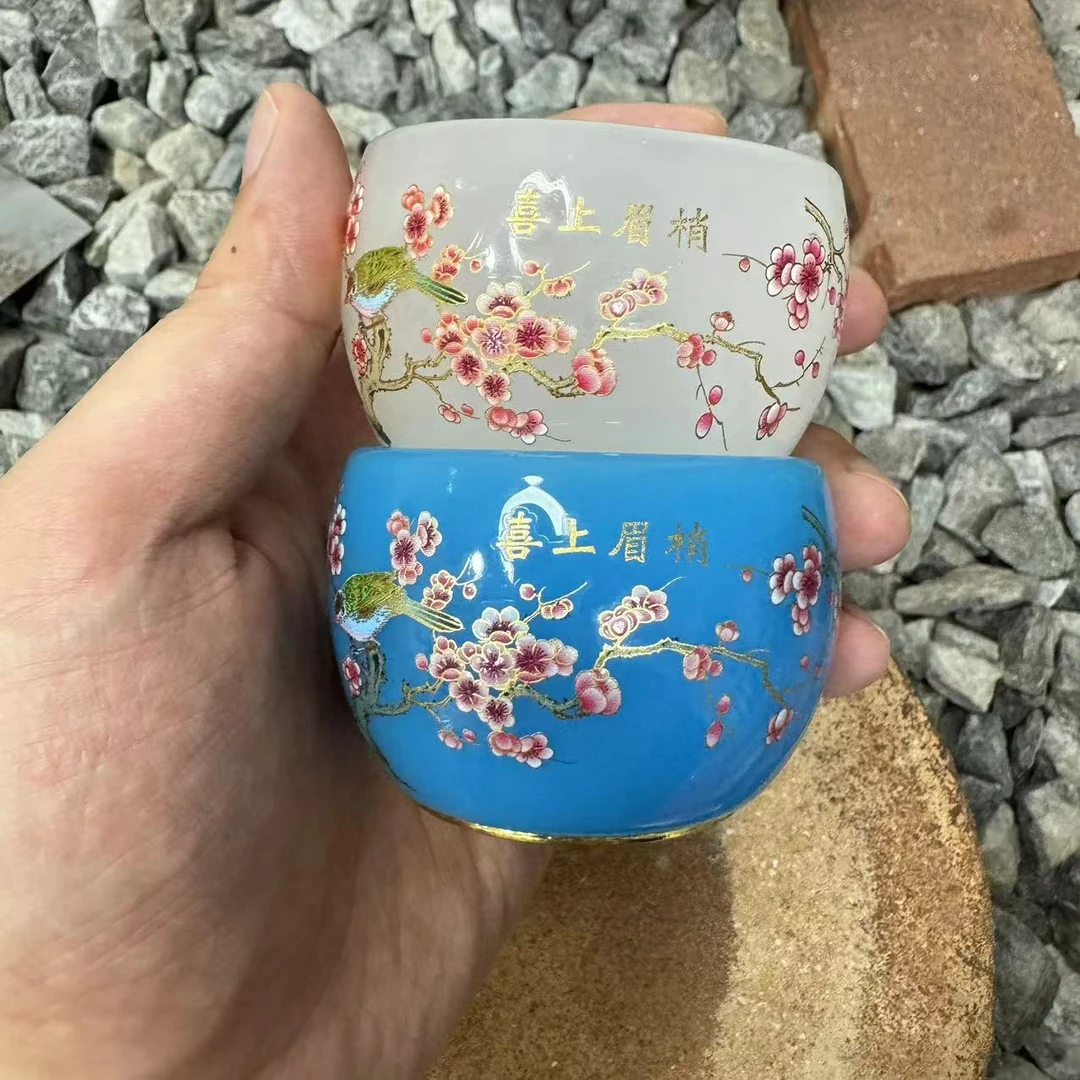 手工茶器 喜上眉梢 蓝+白琉璃对杯