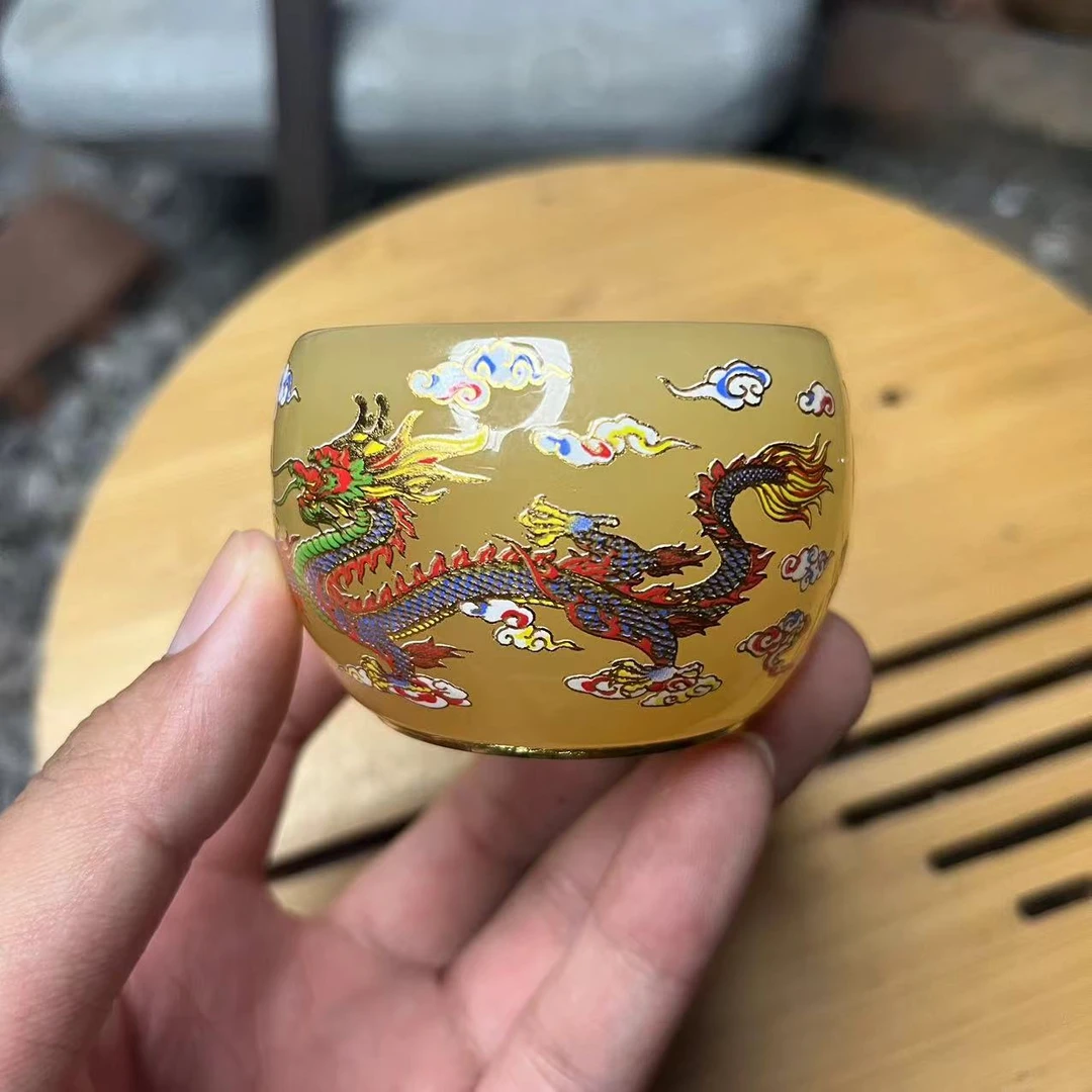 手工茶器  琥珀黄龙凤琉璃杯