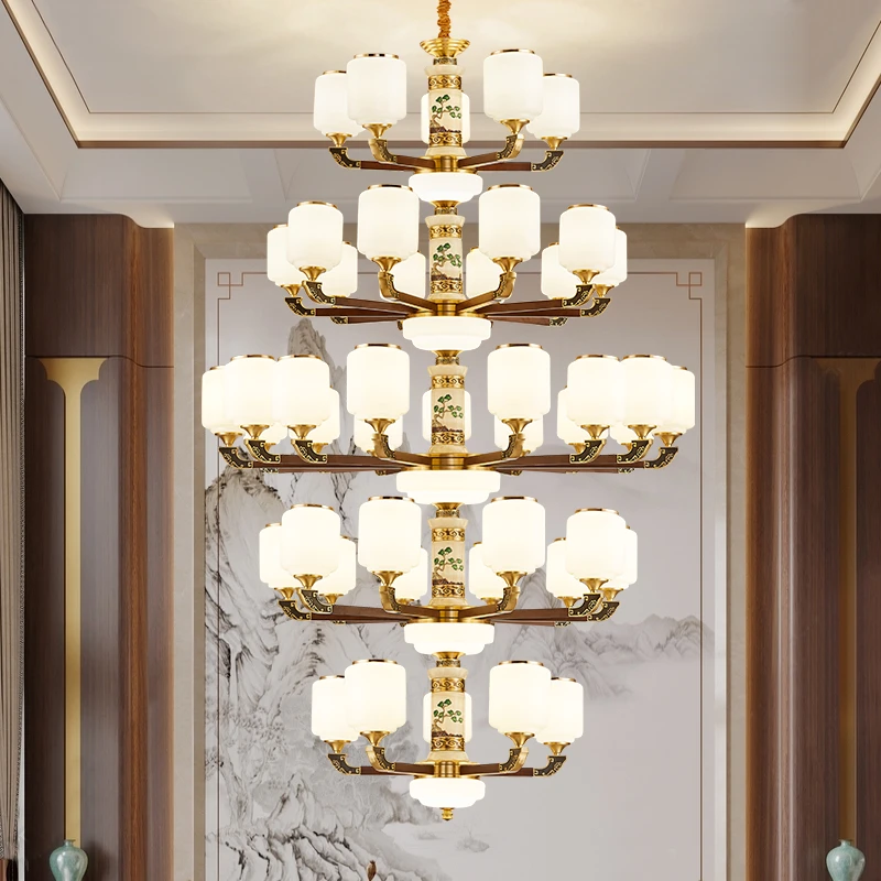 新中式复式楼客厅大吊灯全铜实木玉石挑高跃层别墅大堂楼中楼梯灯