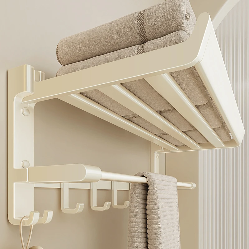 奶白色壁挂加厚毛巾架免打孔毛巾架浴室置物架卫生间可折叠浴巾架