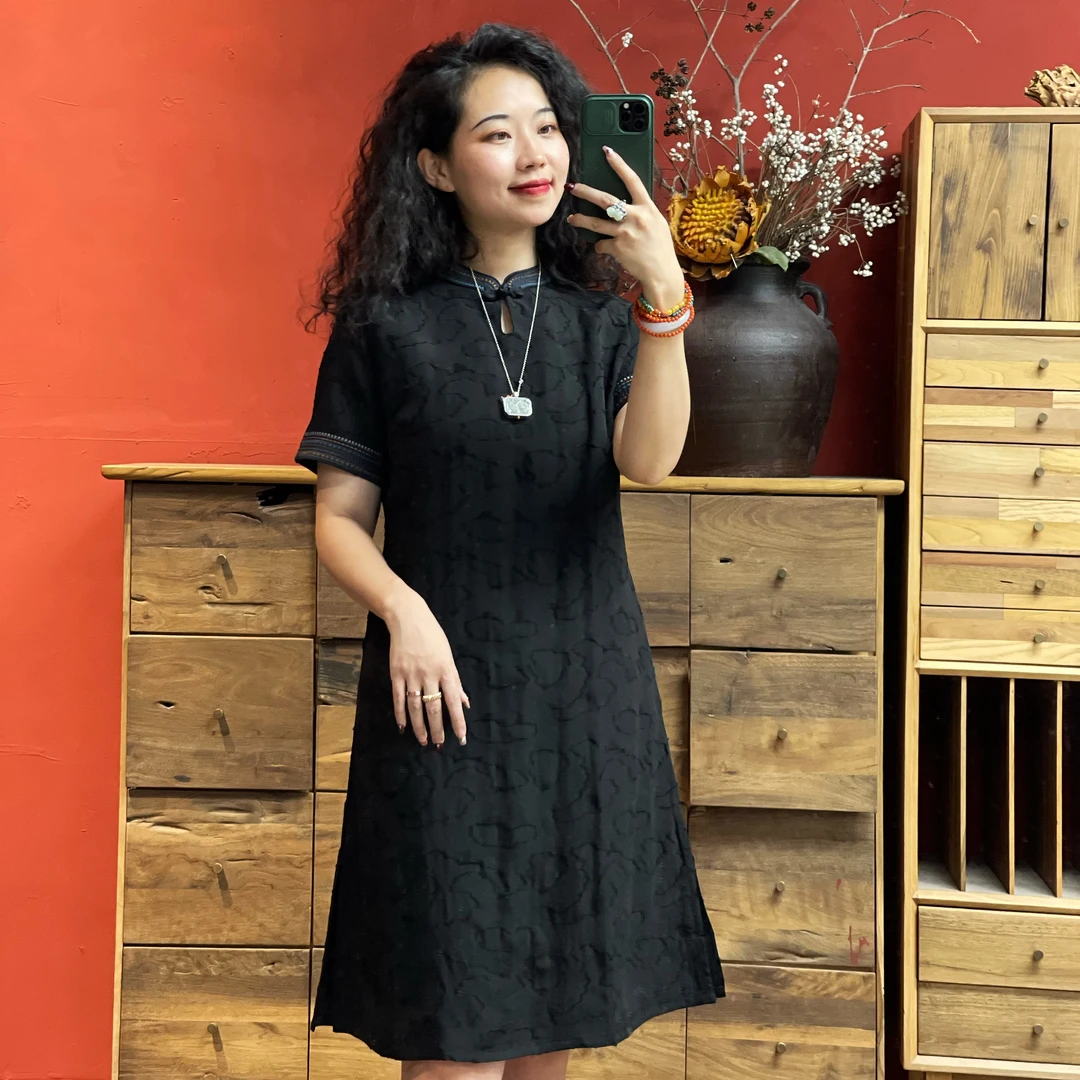 【羊在在】国风民族风夏季立领盘扣复古中长款气质连衣裙a字L0110