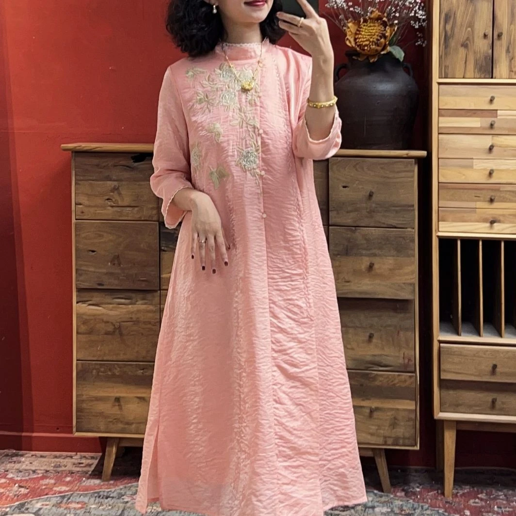 羊在在原创国风刺绣连衣裙复古新中式旗袍裙显瘦长裙L23XL998