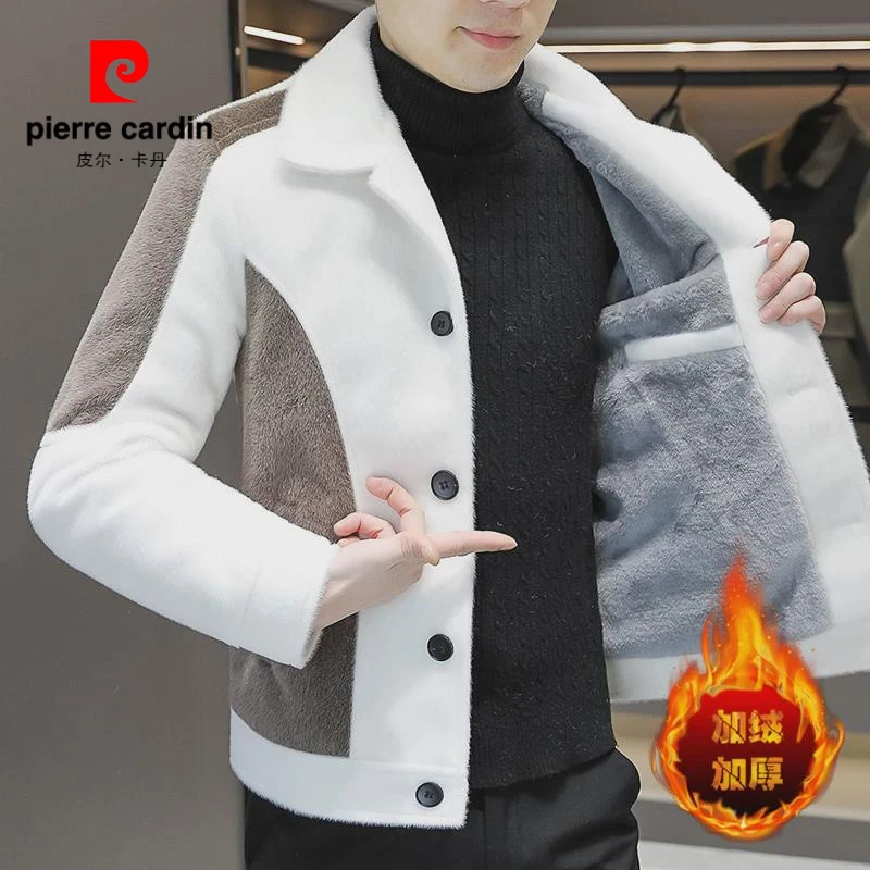 皮尔卡丹秋冬季水貂绒夹克男士翻领加绒加厚毛呢大衣青年短款呢子