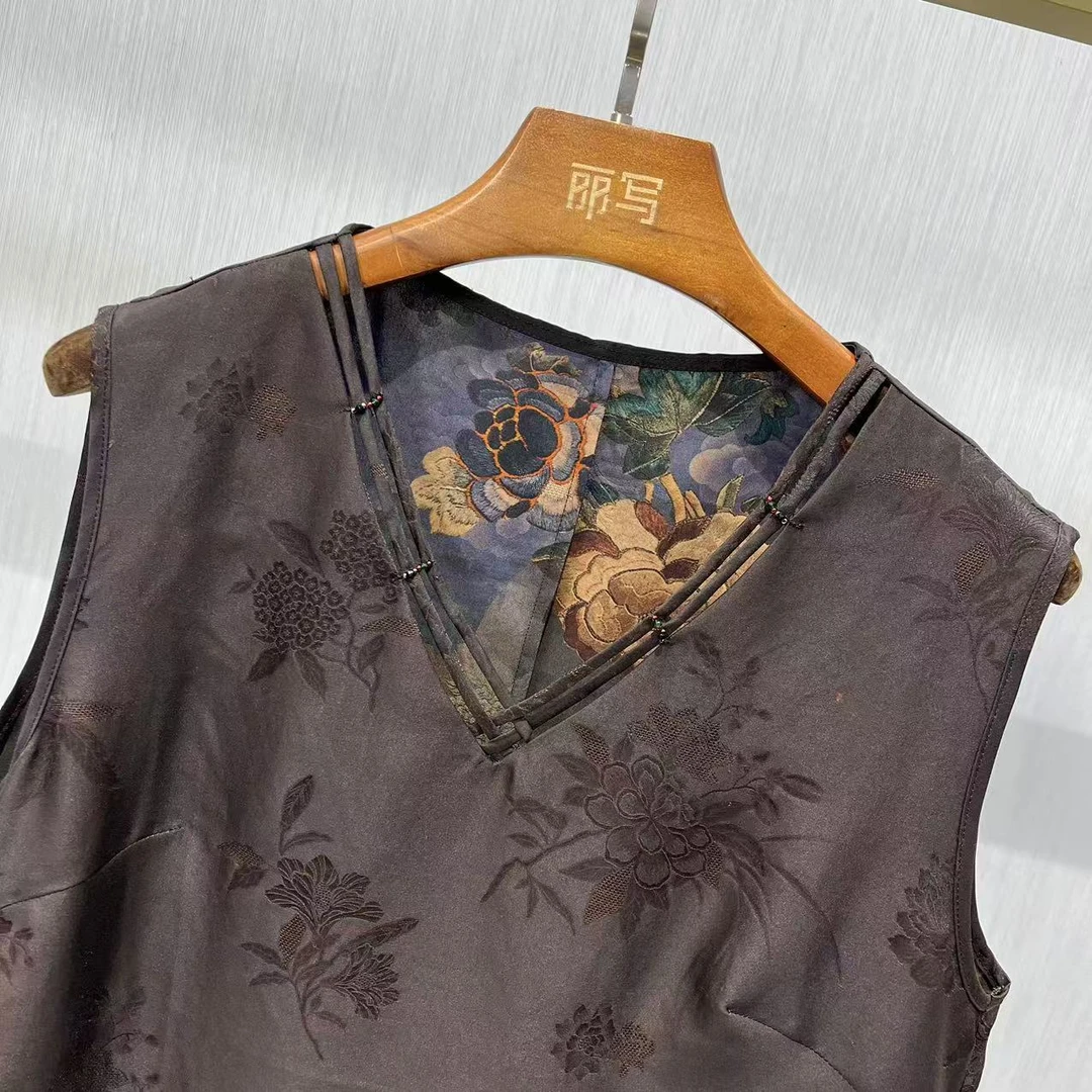 丽写【127】花萝V领100%桑蚕丝香云纱背心