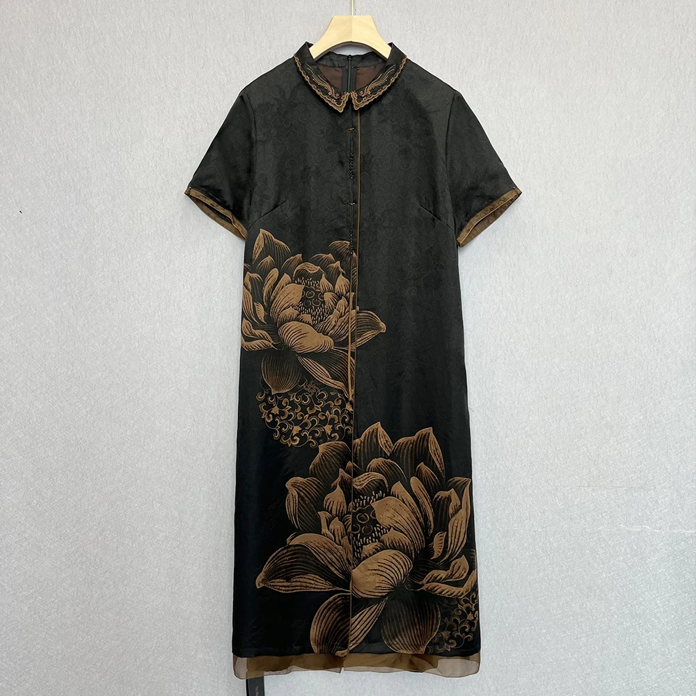 古韵蚕物【A88285】桑蚕丝100%老料提花香云纱花萝翻领新中式连衣裙