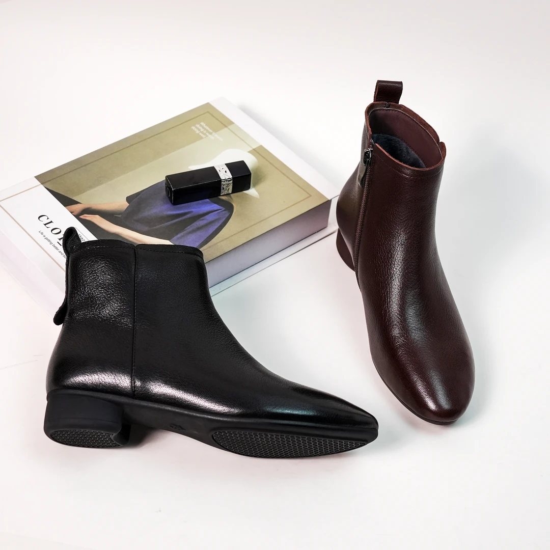 3CM低跟秋冬短靴舒适时尚休闲百搭真皮粗跟圆头加绒563