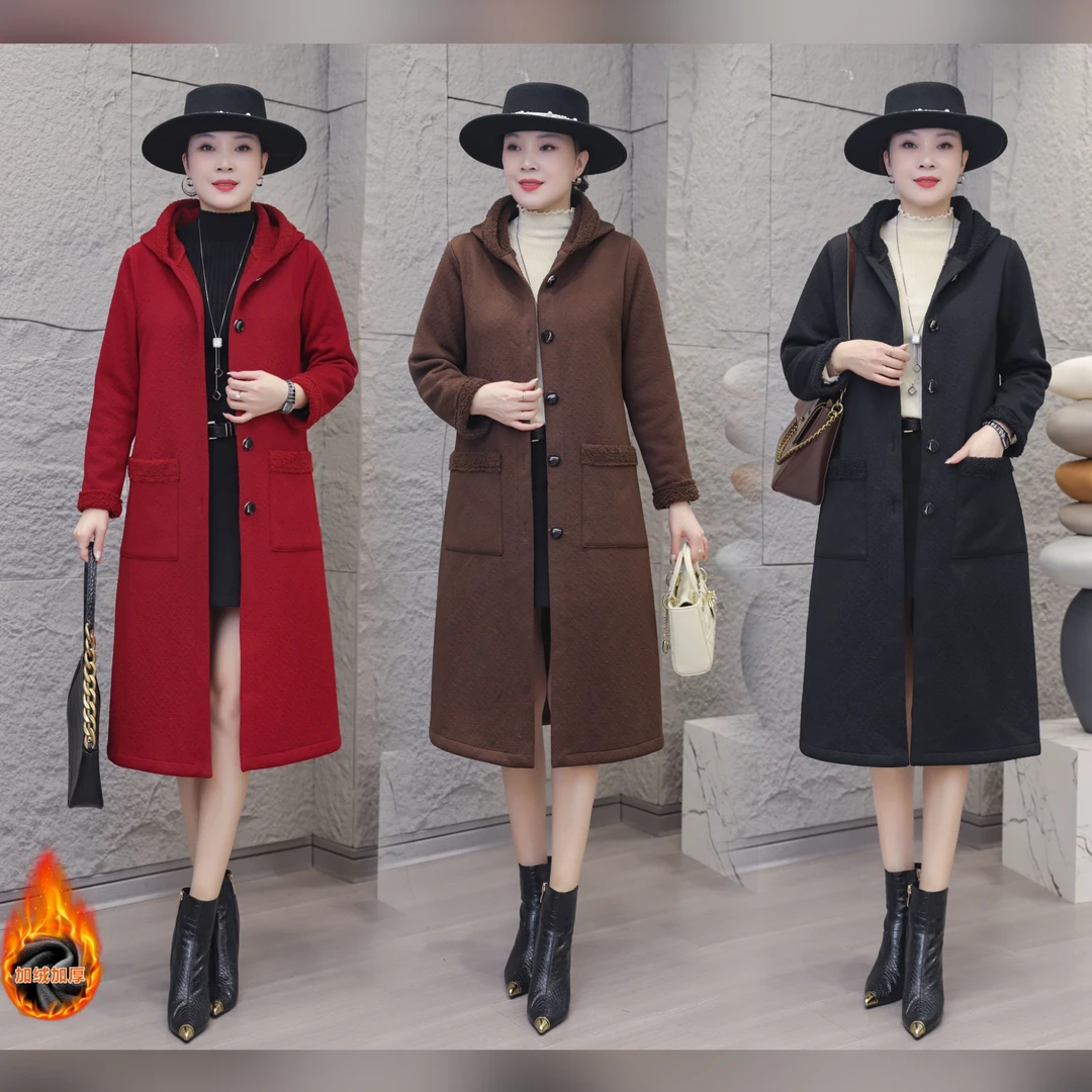 冬季新品连帽提花加绒加厚一体绒保暖大衣251#