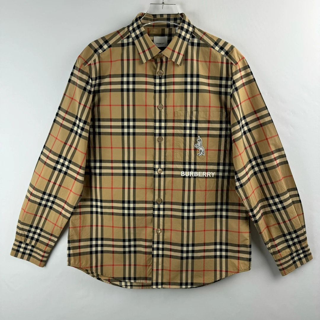 99新 10290160 Burberry博柏利 独角兽格纹翻领衬衫 卡其色 XL码