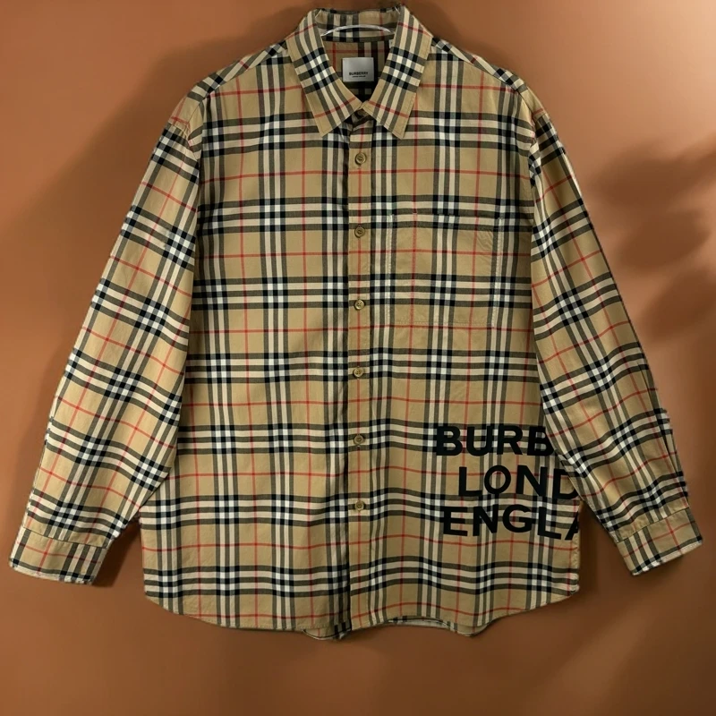 99新 10371278 Burberry博柏利 印花logo格纹翻领衬衫卡其色 XL码