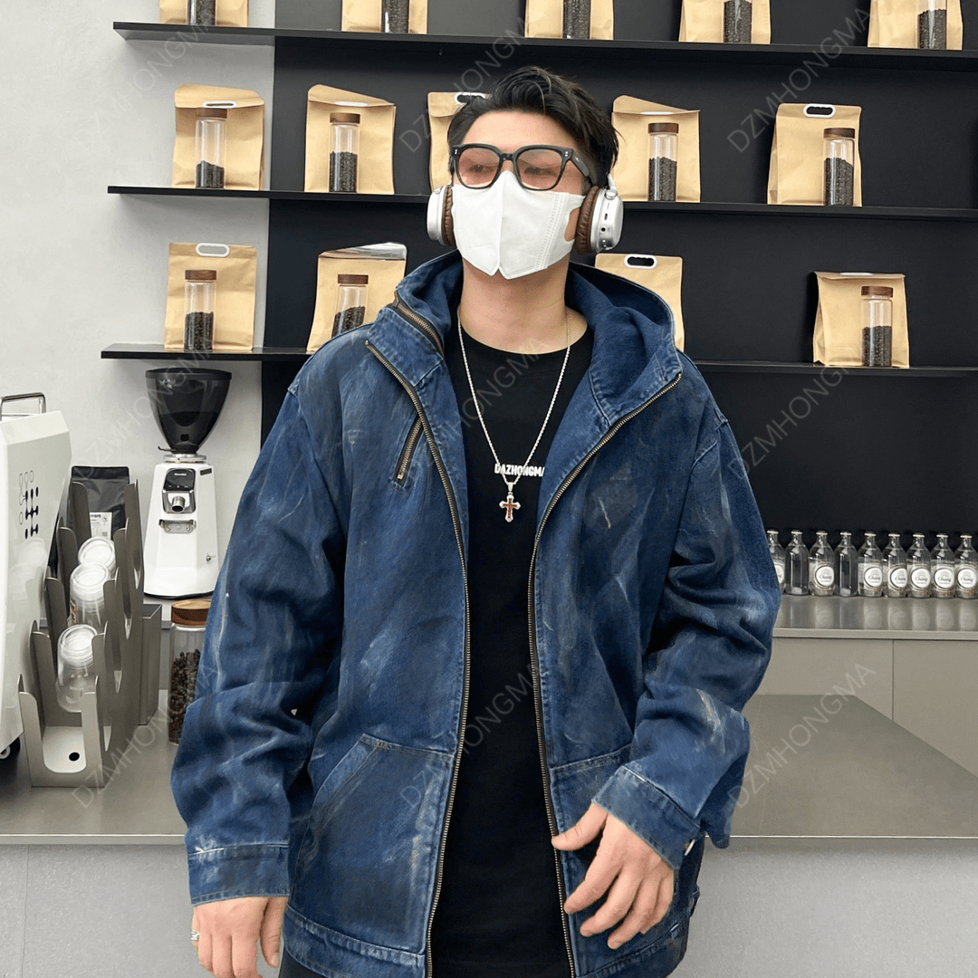 【大重码】秋季美式复古做旧连帽牛仔外套情侣同款宽松水洗夹克大码