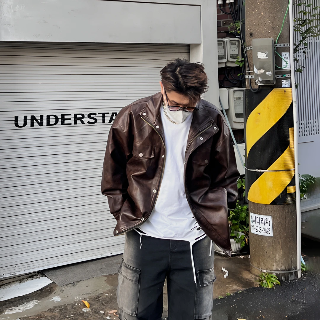 【大重码】秋装 码哥自留暗纹街头休闲PU翻领飞行员皮衣外套男夹克