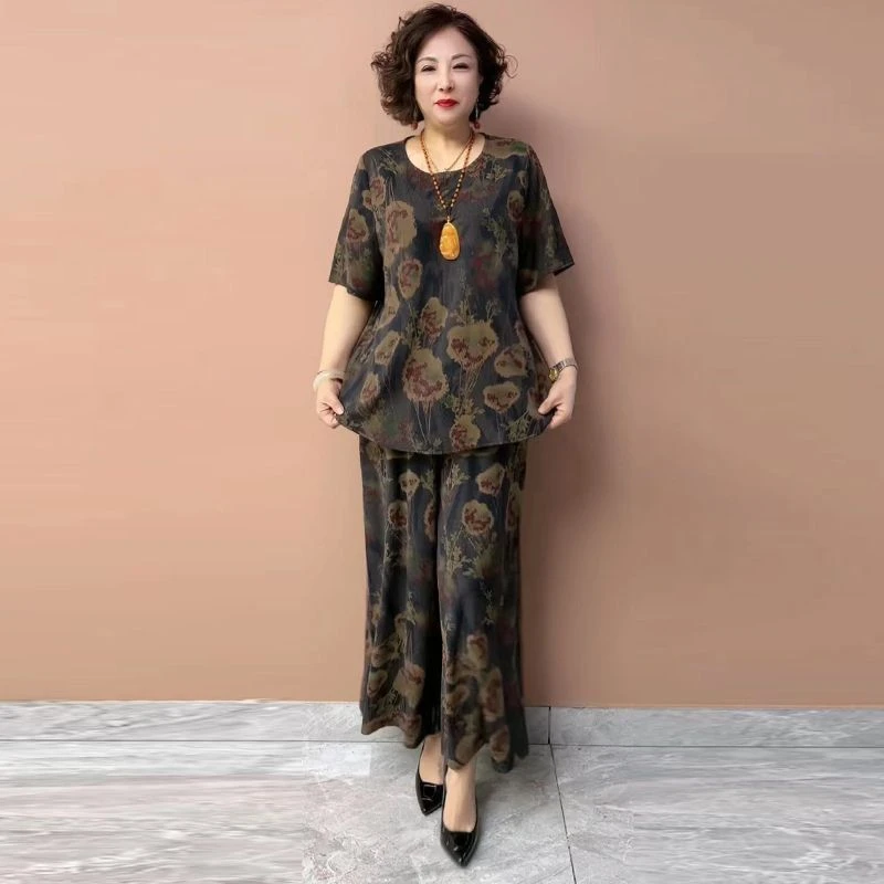 夏季新款时尚气质妈妈两件套显瘦衣服遮肉减龄百搭中老年休闲套装