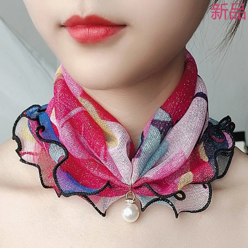 珍珠网纱百变围脖春秋薄款高档女韩版时尚百搭护脖小女士新款脖套